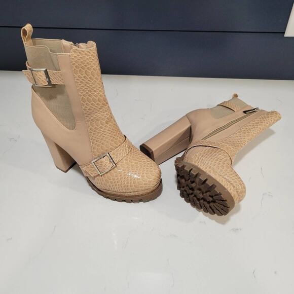 Cape Robbin Garnet Nude Heeled Booties with buckles and Snakeskin look S… - Picture 1 of 14